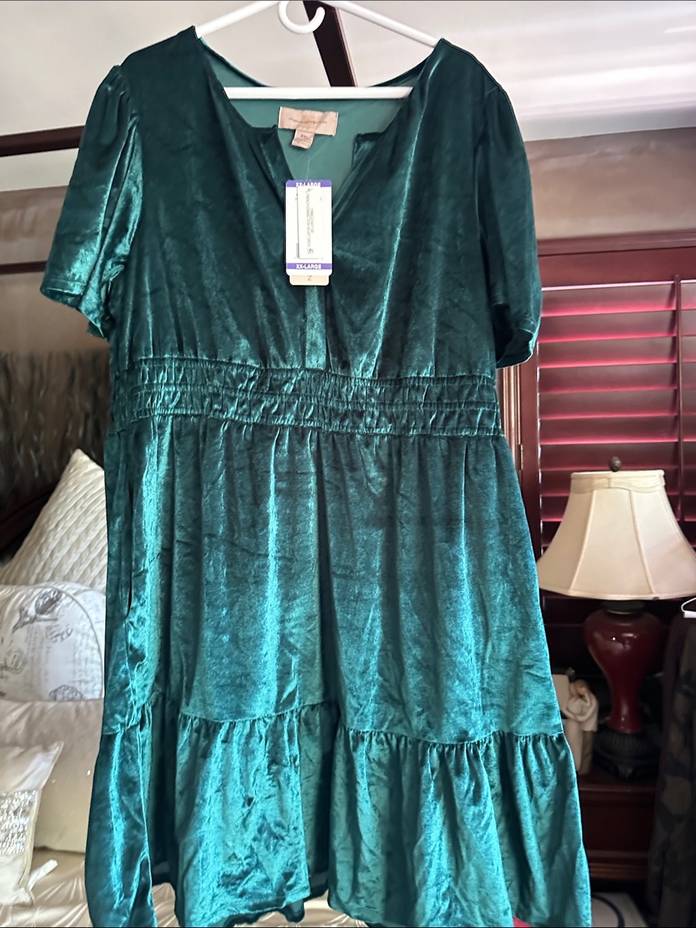 French Connection Emerald Green Velvet Tiered V-Neck Midi Dress